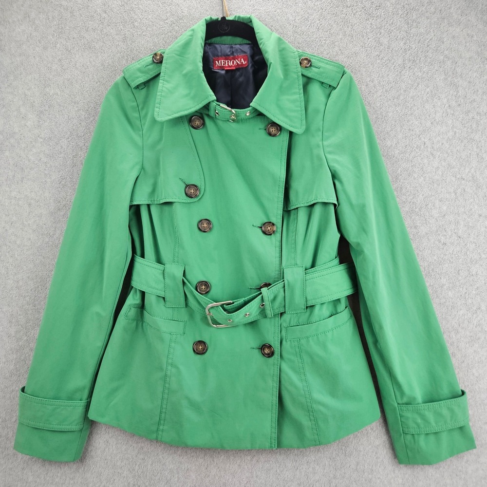 MERONA Trench Coat Women S Green Belted Double Breasted Lightweight Spring Rain